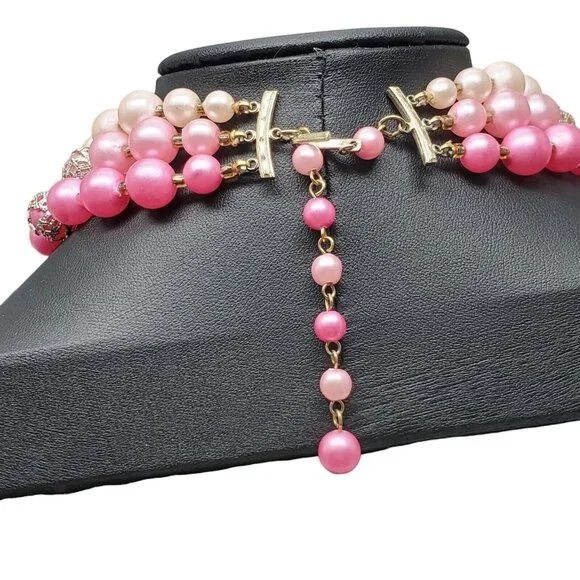 Vtg 3-Strand Faux Pearl Bead Necklace Gold Tone Filigree Pink Adjustable 14"+2.5 - Picture 7 of 11